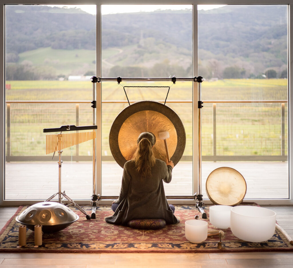 A person sits cross-legged on a rug facing a large gong, surrounded by singing bowls and percussion instruments, with a scenic view of hills and fields through large windows.