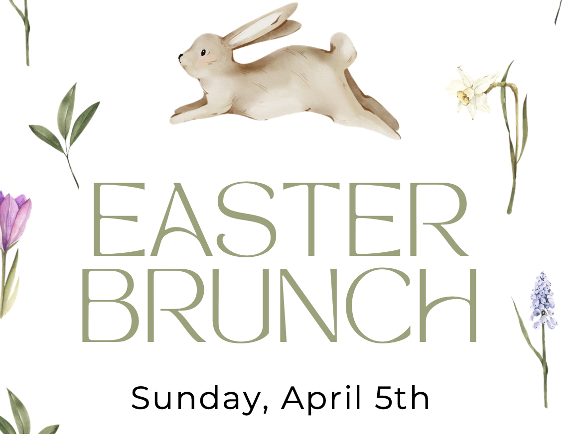 Illustration of a leaping bunny and spring flowers above large text reading "Easter Brunch." Below, smaller text says "Sunday, April 5th." The background is white with a simple, fresh design.