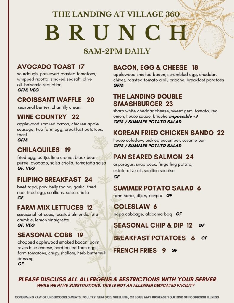 A brunch menu titled "The Landing at Village 360" lists dishes like avocado toast, croissant waffle, chilaquiles, salmon, burgers, and more, served daily from 8AM-2PM, with prices, allergens, and dietary notes.