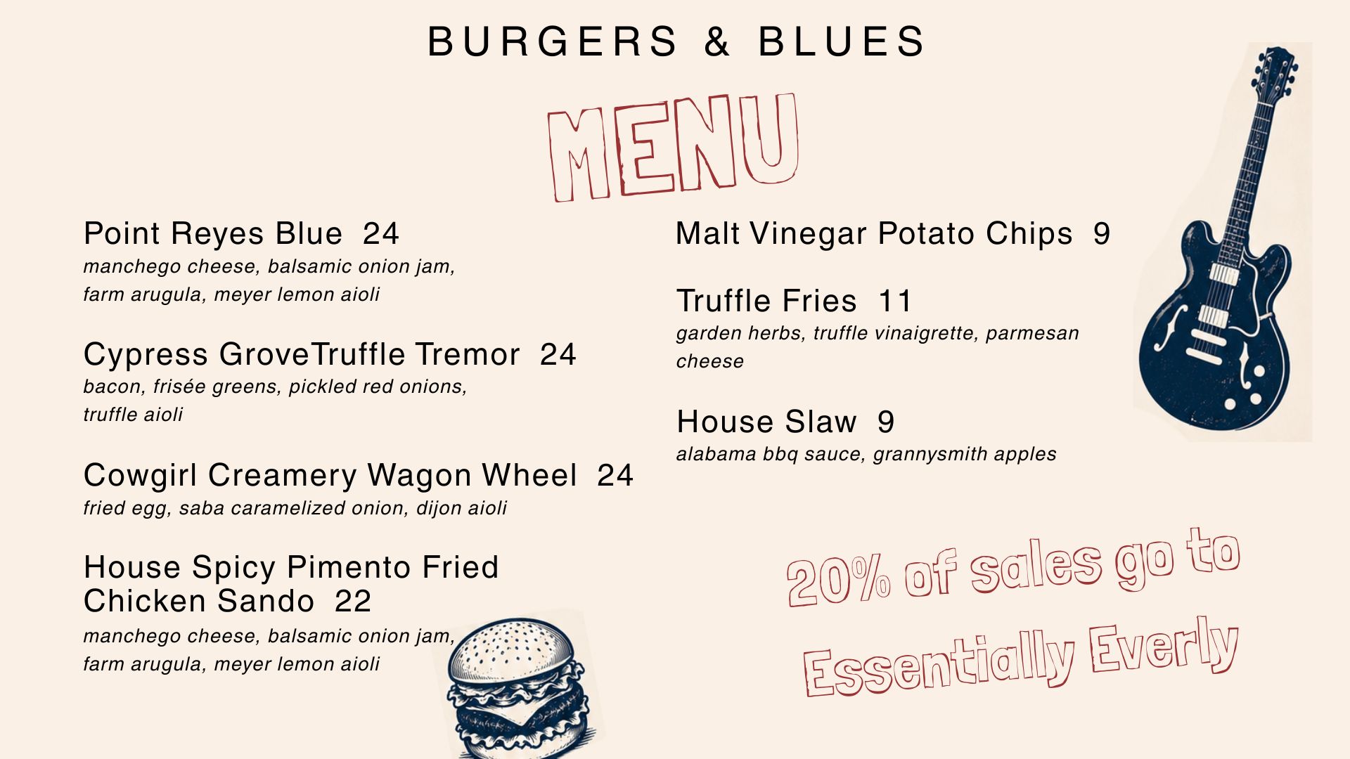 A restaurant menu titled "Burgers & Blues" lists burgers, sides, and a note that 20% of sales go to Essentially Everly. Illustrations include a guitar and a burger. The menu features blue cheese, truffle, and house slaw items.