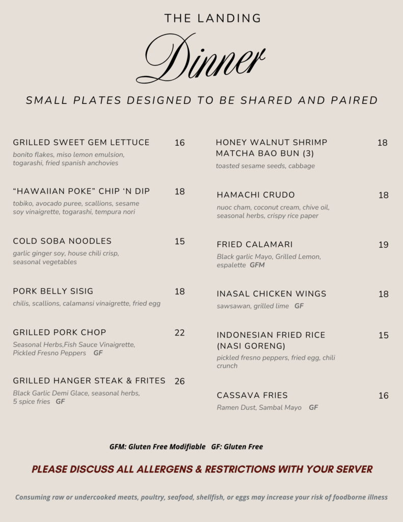 A dinner menu from The Landing featuring small plates to share, including salads, meats, seafood, noodles, and sides, with dish names, ingredients, prices, and gluten-free options. Allergen notice is at the bottom.