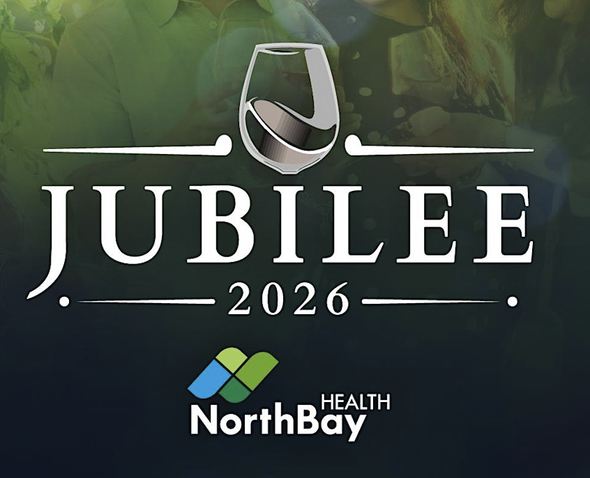 Event graphic with a wine glass above “Jubilee 2026.” Below are the words “NorthBay Health” with a blue and green logo featuring two overlapping shapes.