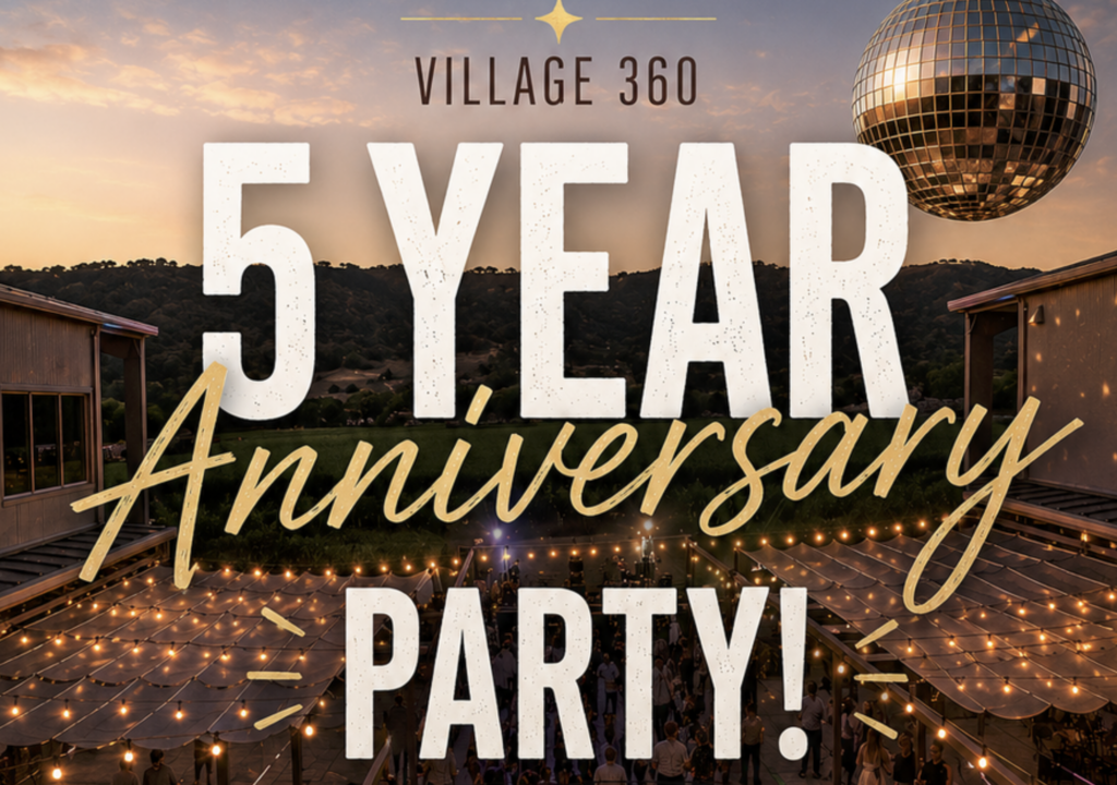 Outdoor sunset party scene with string lights, a disco ball, and “Village 360 5 Year Anniversary Party!” text in bold letters, surrounded by people celebrating between two buildings.