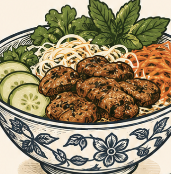 A decorative bowl filled with noodles, sliced cucumbers, shredded carrots, herbs, and several pieces of grilled, seasoned meat, arranged artistically.