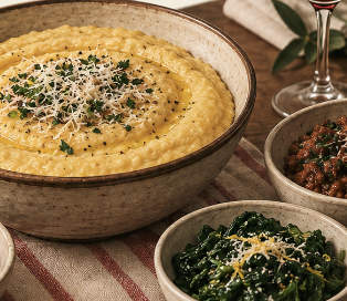 A bowl of creamy polenta topped with herbs and cheese sits beside bowls of sautéed greens and a tomato-based stew on a striped cloth.