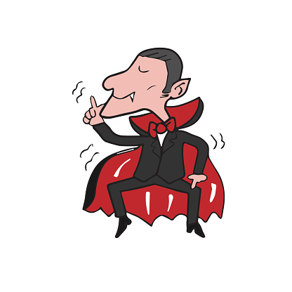 Cartoon vampire in a black suit and red cape strikes a confident pose with one hand on hip and the other raised, eyes closed, showing fangs and pointy ears.