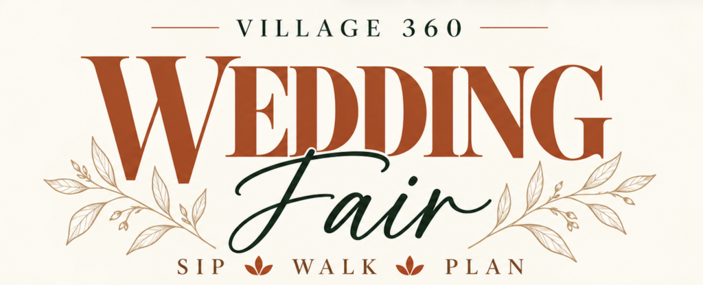 Logo for Village 360 Wedding Fair with the tagline “Sip, Walk, Plan” decorated with line-art illustrations of leaves.